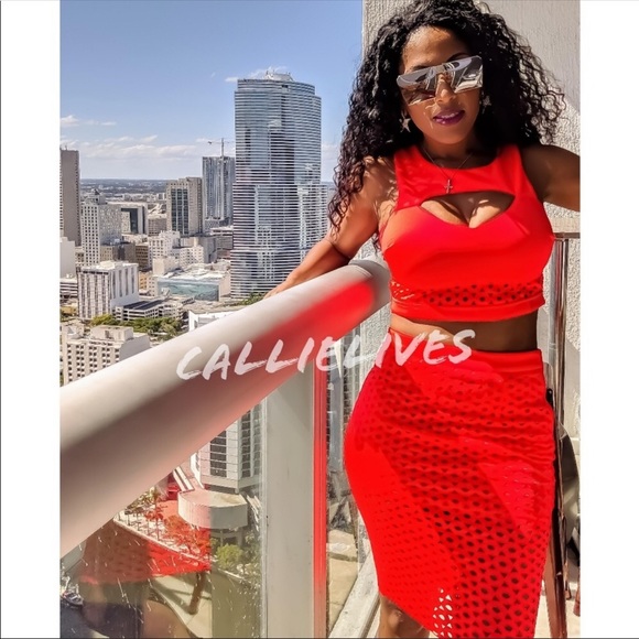 Callie Lives Dresses & Skirts - Callie Geo: Laser Cut Out ZIP Up Neon Coral Orange Sleeveless Scuba Skirt set M